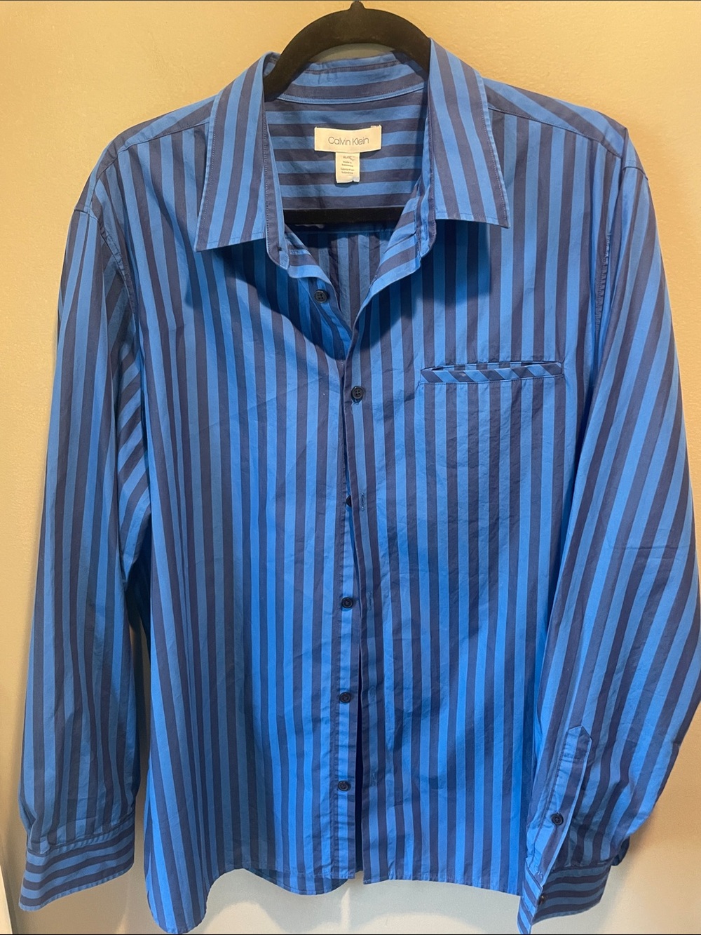 Calvin Klein Men's Blue and Navy Vertical Stripe Dress Shirt